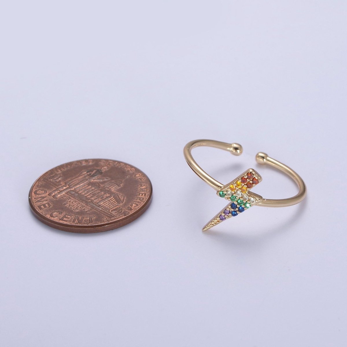 Minimalist 16K Gold Filled Lightning Bolt Rainbow Crystal Zirconia CZ Adjustable Ring U-417 - DLUXCA