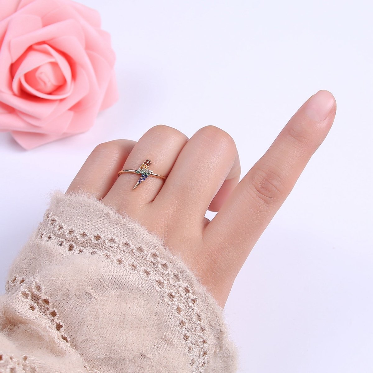 Minimalist 16K Gold Filled Lightning Bolt Rainbow Crystal Zirconia CZ Adjustable Ring U-417 - DLUXCA