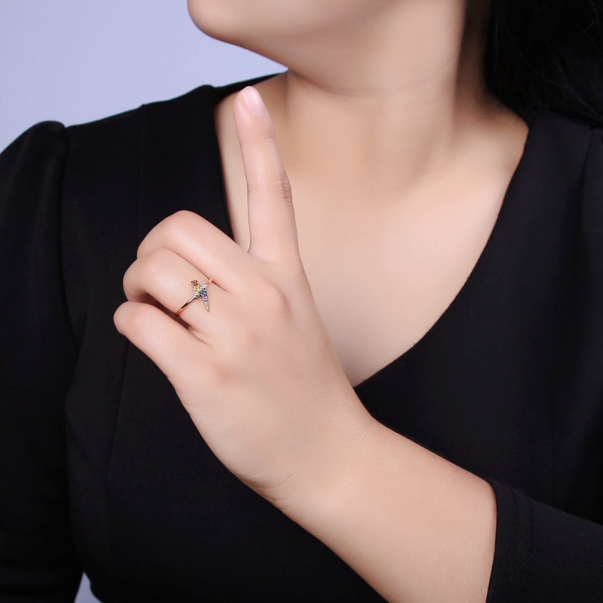 Minimalist 16K Gold Filled Lightning Bolt Rainbow Crystal Zirconia CZ Adjustable Ring U-417 - DLUXCA