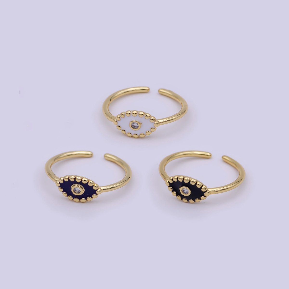 Minimalist 24K Gold Filled Beaded Evil Eye with Crystal Zirconia CZ Adjustable Ring, Navy Blue White Black Enamel Ring | U-404, U-406