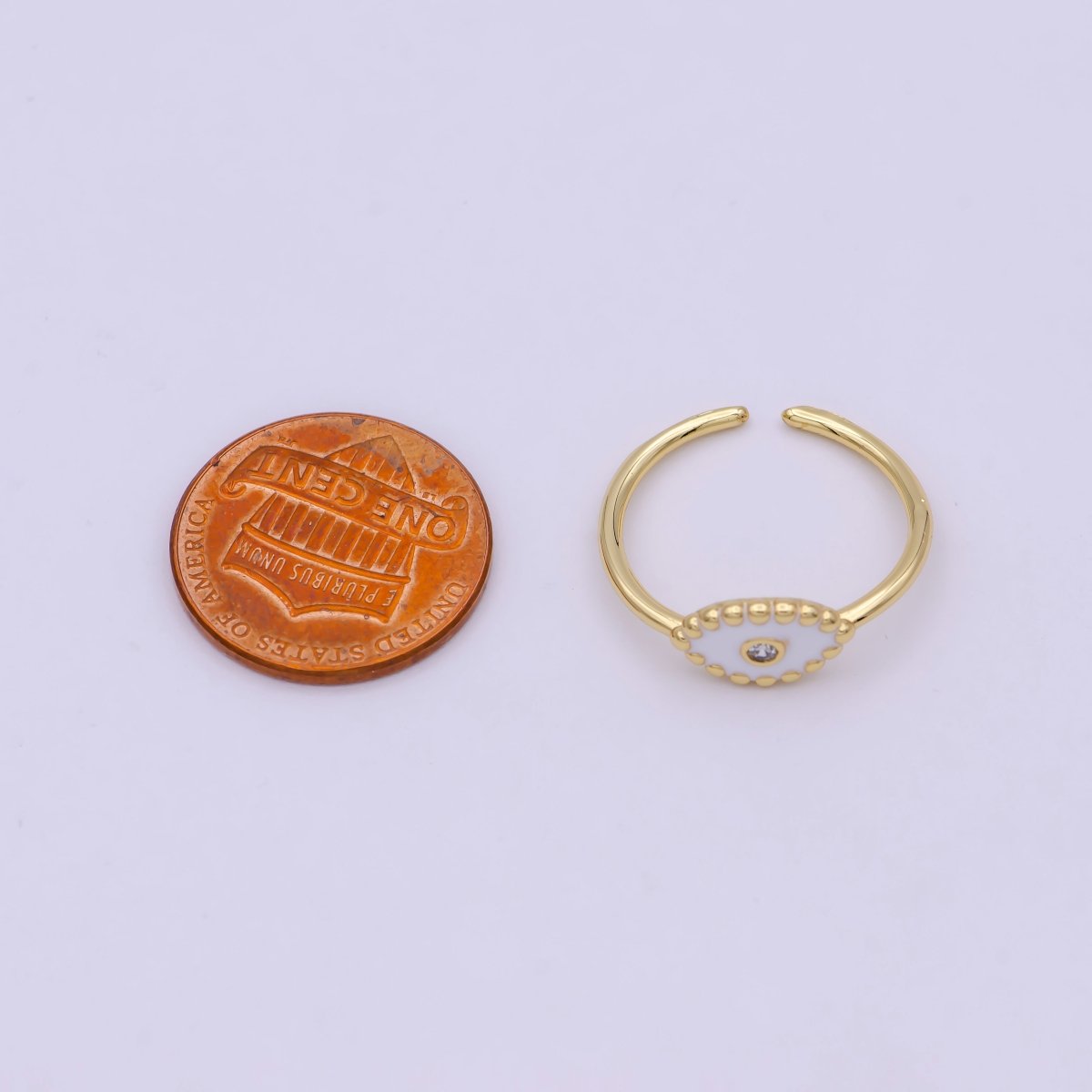 Minimalist 24K Gold Filled Beaded Evil Eye with Crystal Zirconia CZ Adjustable Ring, Navy Blue White Black Enamel Ring | U-404, U-406