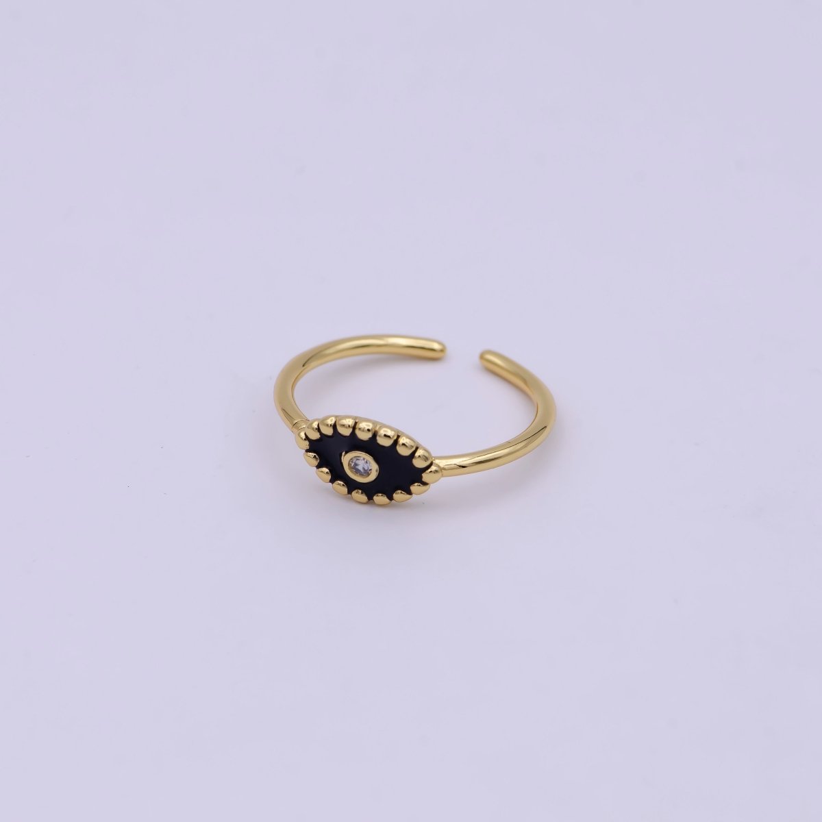 Minimalist 24K Gold Filled Beaded Evil Eye with Crystal Zirconia CZ Adjustable Ring, Navy Blue White Black Enamel Ring | U-404, U-406