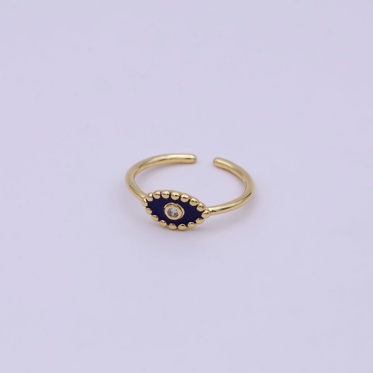 Minimalist 24K Gold Filled Beaded Evil Eye with Crystal Zirconia CZ Adjustable Ring, Navy Blue White Black Enamel Ring | U-404, U-406