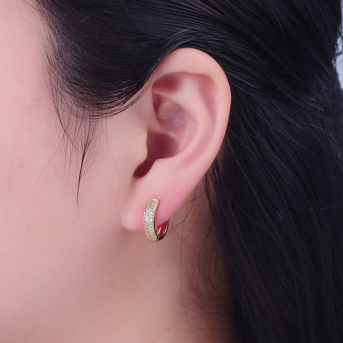 Minimalist 24K Gold Filled Micro Pave Clear Cubic Zirconia 14x15mm Huggie Hoops Earrings P-406 - DLUXCA