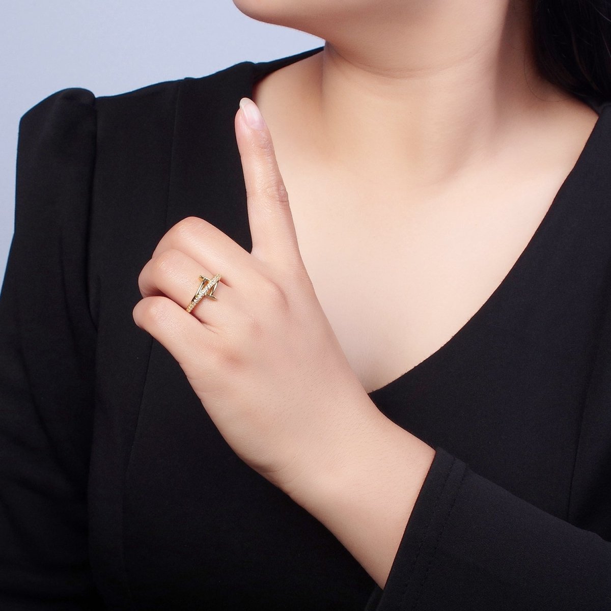 Minimalist 24K Gold Filled Micro Pave CZ Open T Ring in Silver & Gold O-2285 O-2286