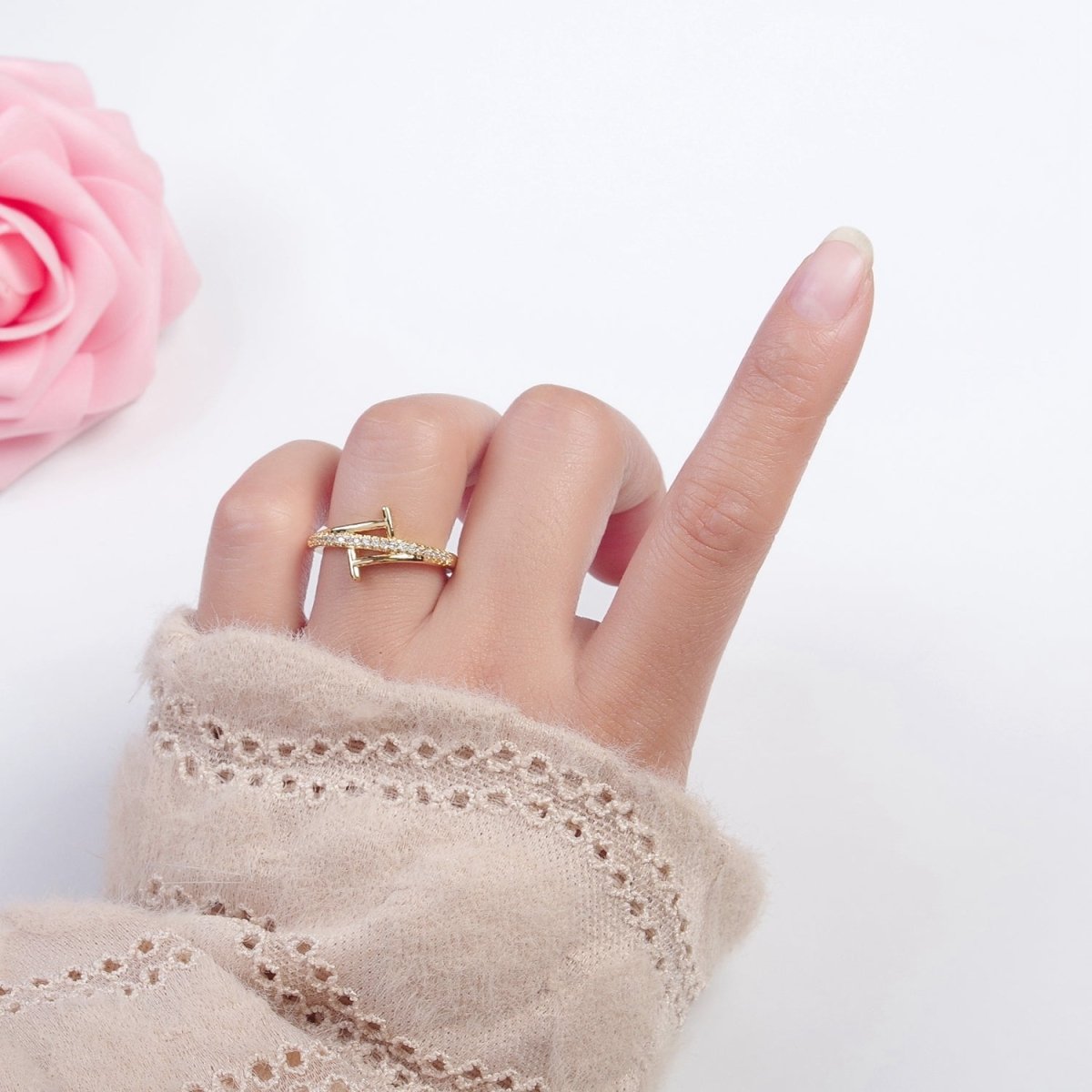 Minimalist 24K Gold Filled Micro Pave CZ Open T Ring in Silver & Gold O-2285 O-2286