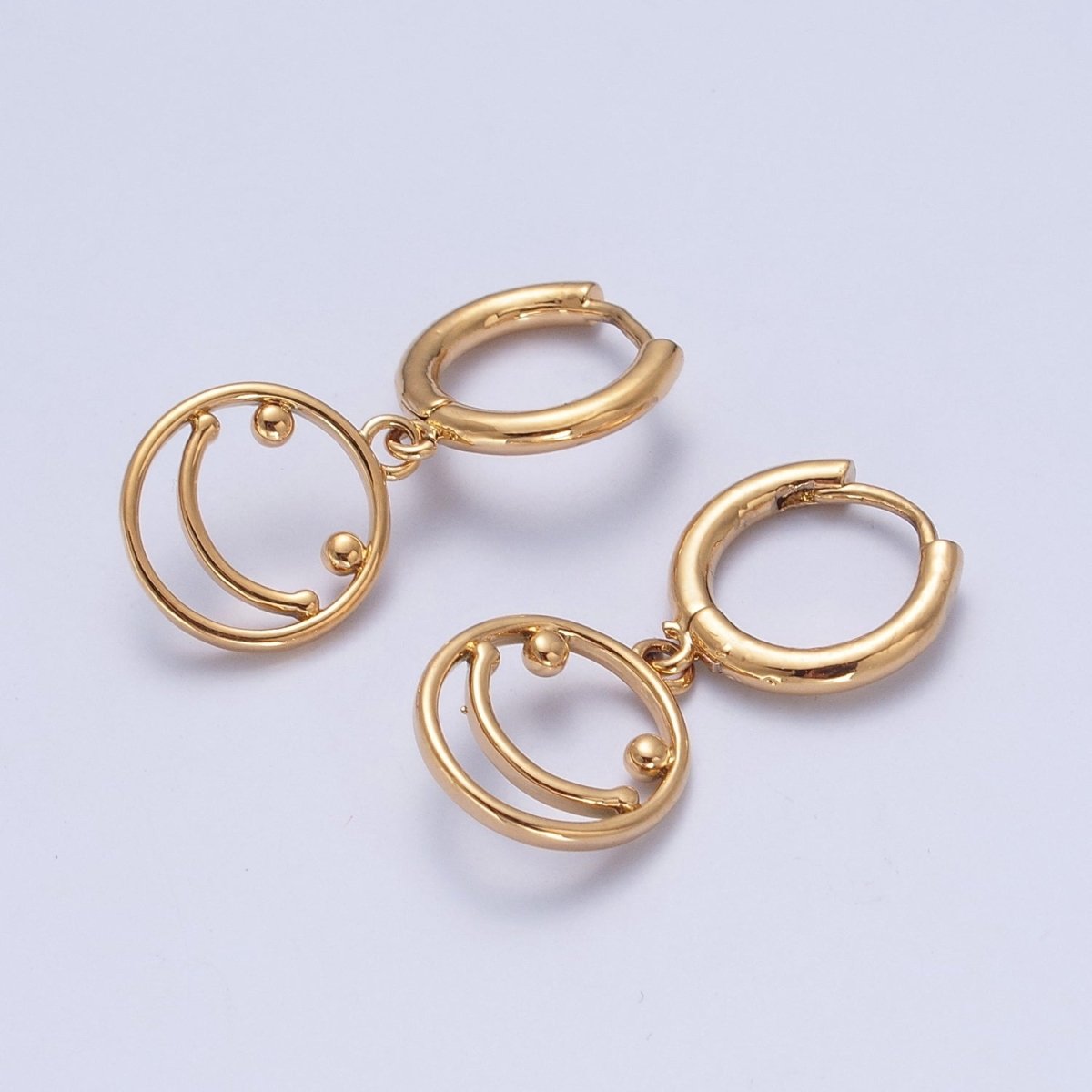 Minimalist 24K Gold Filled Open Smiley Face Charm Dangle Drop Huggie Hoop Earrings T-130 - DLUXCA