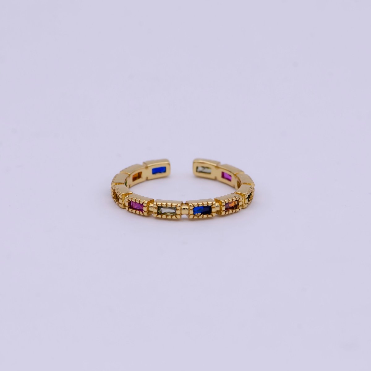 Minimalist 24K Gold Filled Rectangle Rainbow/Clear Crystal Zirconia CZ Adjustable Ring | U-391