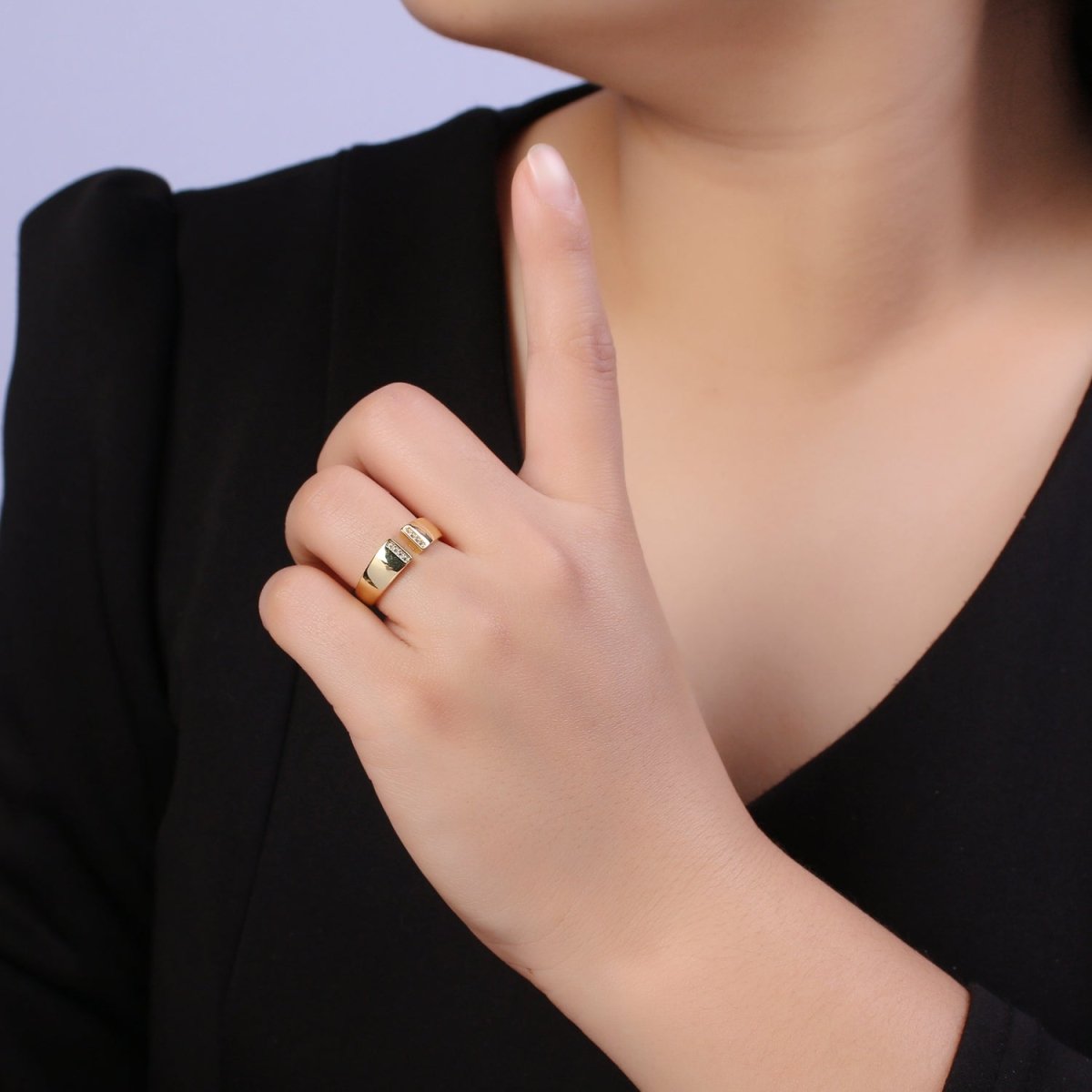 Minimalist 24K Gold Filled Stacking Adjustable Statement Ring with Micro Pave CZ Zirconia S-354