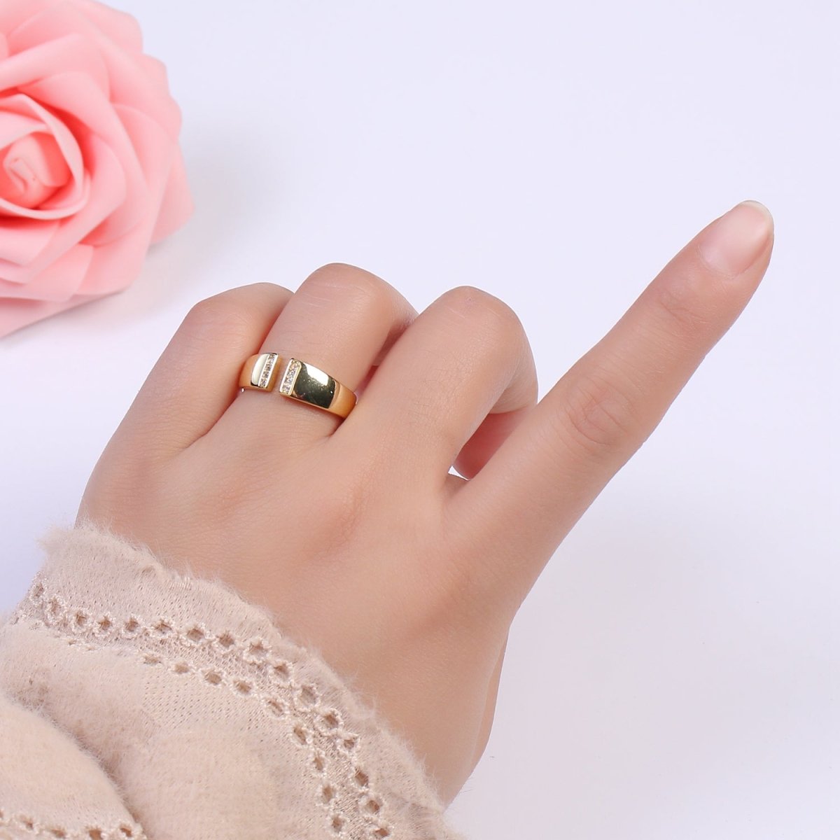 Minimalist 24K Gold Filled Stacking Adjustable Statement Ring with Micro Pave CZ Zirconia S-354