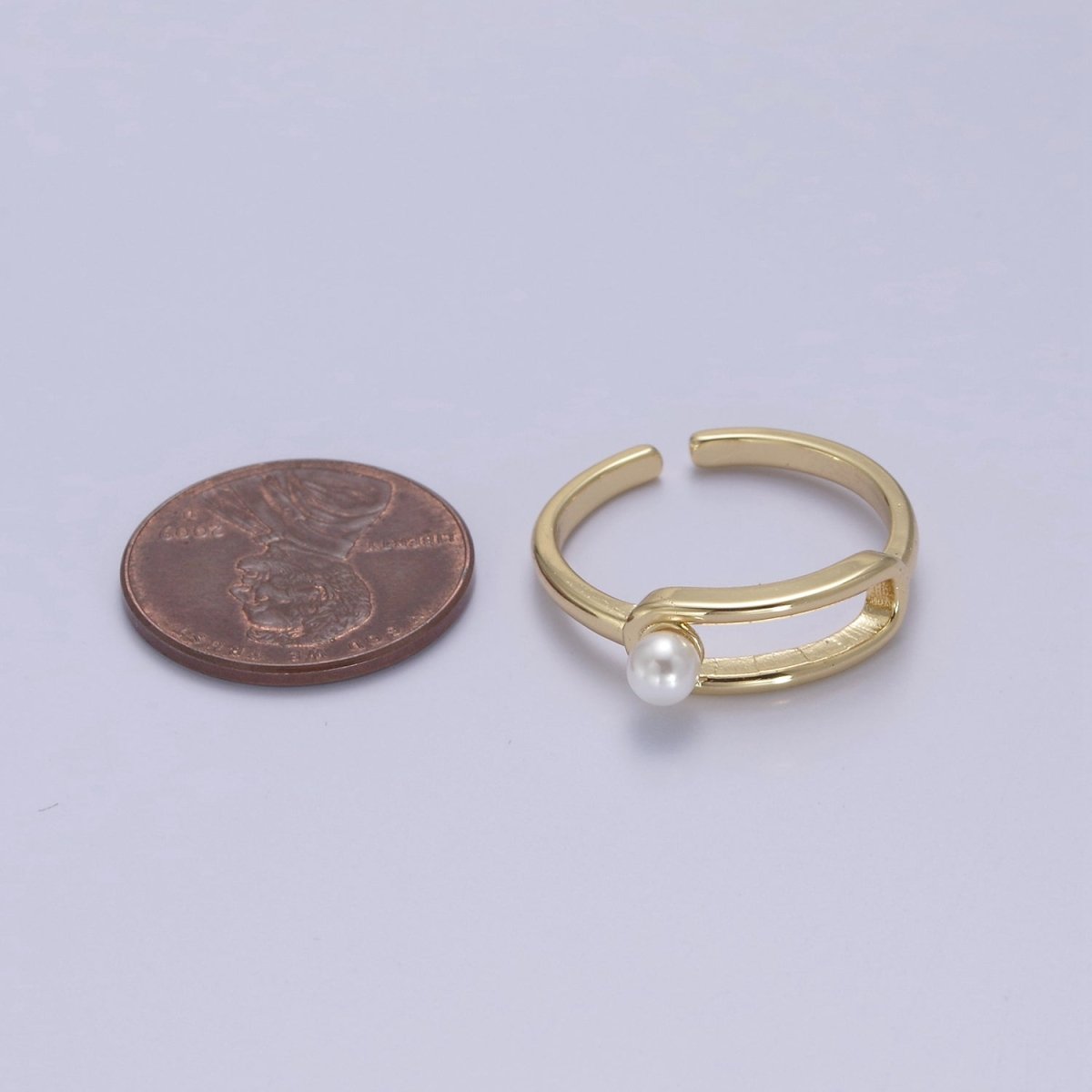 Minimalist 24K Gold Filled White Pearl Ring, Double Belt Buckle Adjustable Ring in Gold & Silver S-348