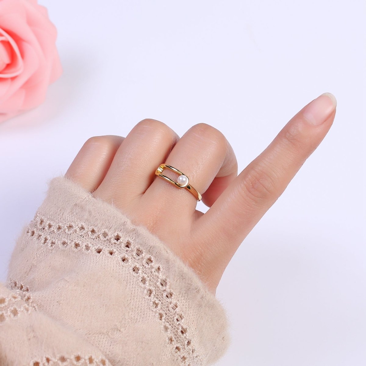 Minimalist 24K Gold Filled White Pearl Ring, Double Belt Buckle Adjustable Ring in Gold & Silver S-348