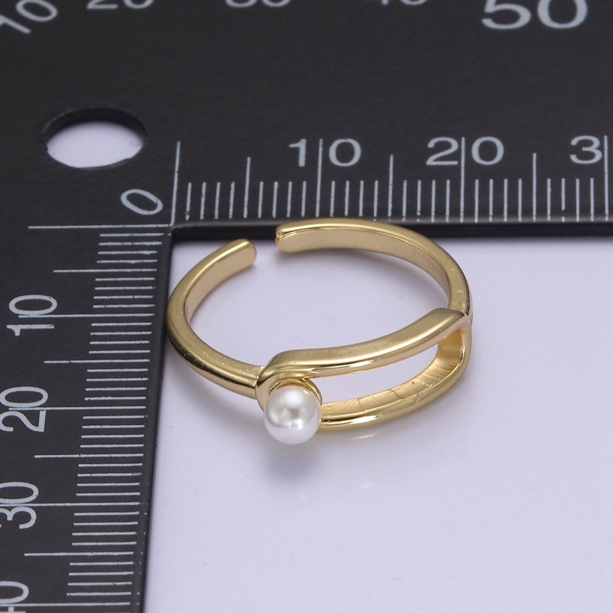 Minimalist 24K Gold Filled White Pearl Ring, Double Belt Buckle Adjustable Ring in Gold & Silver S-348
