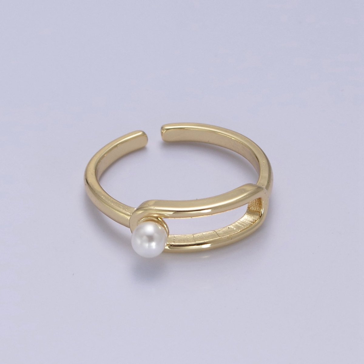 Minimalist 24K Gold Filled White Pearl Ring, Double Belt Buckle Adjustable Ring in Gold & Silver S-348