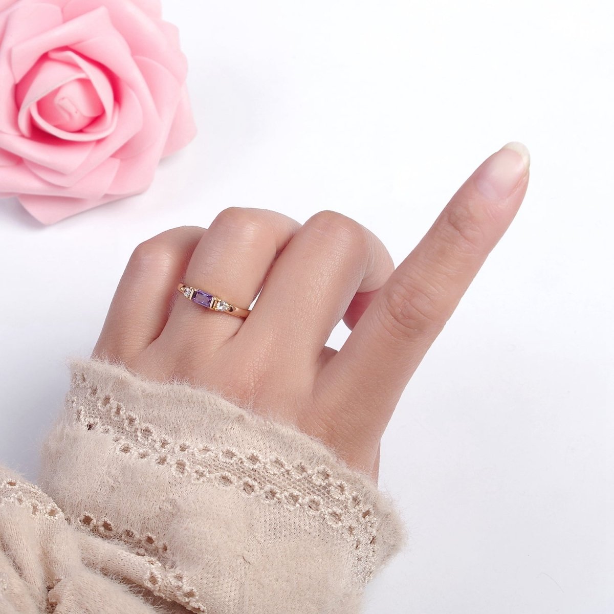 Minimalist Baguette Ring with Pink Purple Blue Clear Green Cz Stone Gold Band Adjustable ring O-2065 ~ O-2070