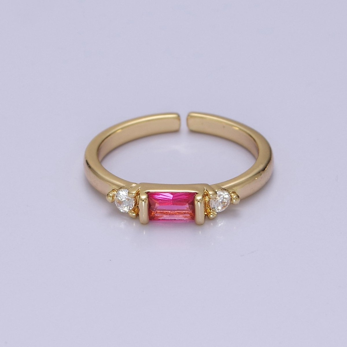 Minimalist Baguette Ring with Pink Purple Blue Clear Green Cz Stone Gold Band Adjustable ring O-2065 ~ O-2070