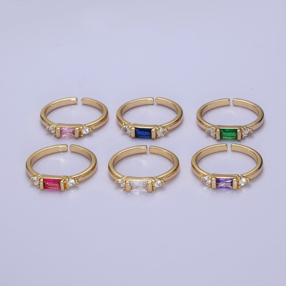 Minimalist Baguette Ring with Pink Purple Blue Clear Green Cz Stone Gold Band Adjustable ring O-2065 ~ O-2070