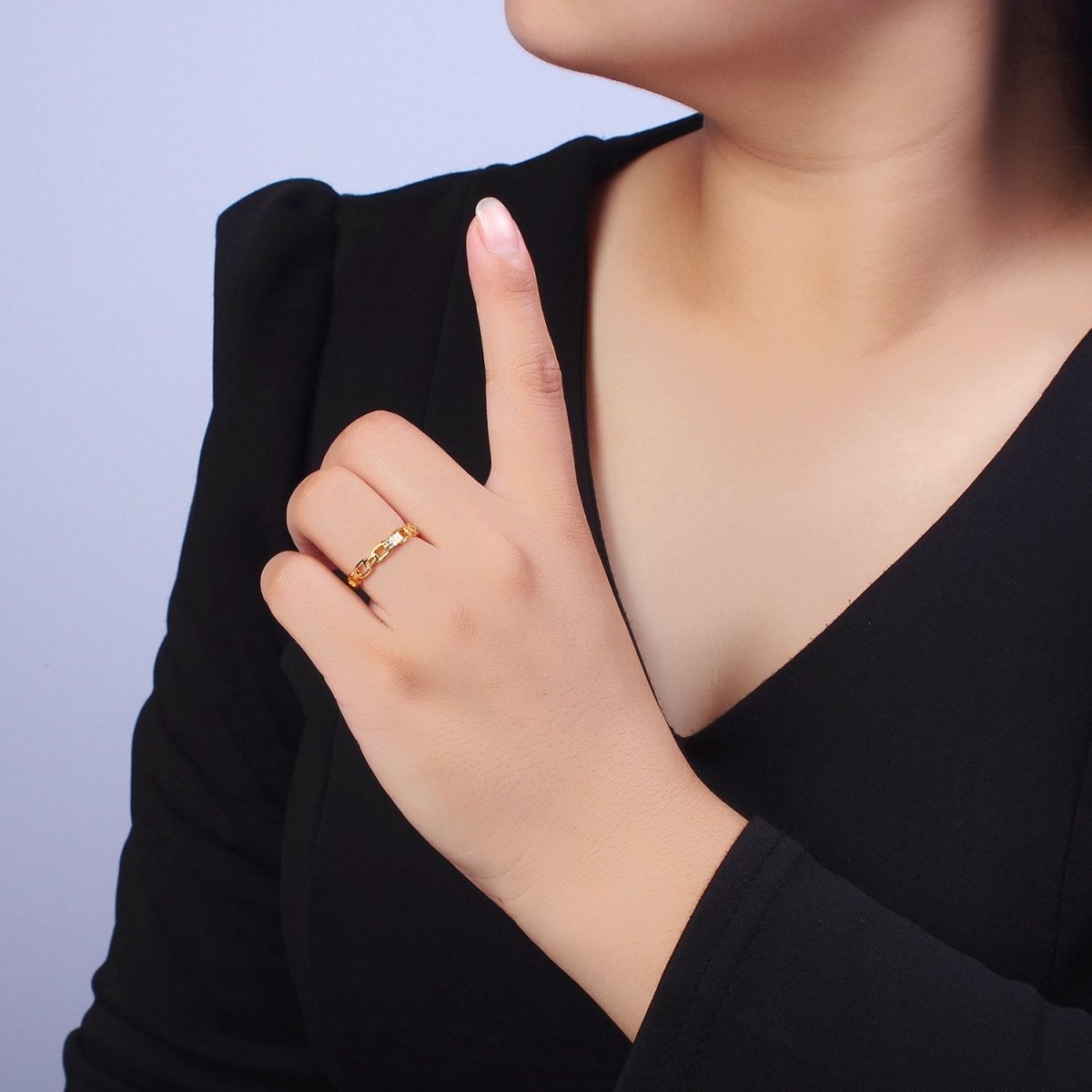 Minimalist Cable Chain Link Micro Paved Cubic Zirconia Adjustable Ring | X-590 - DLUXCA