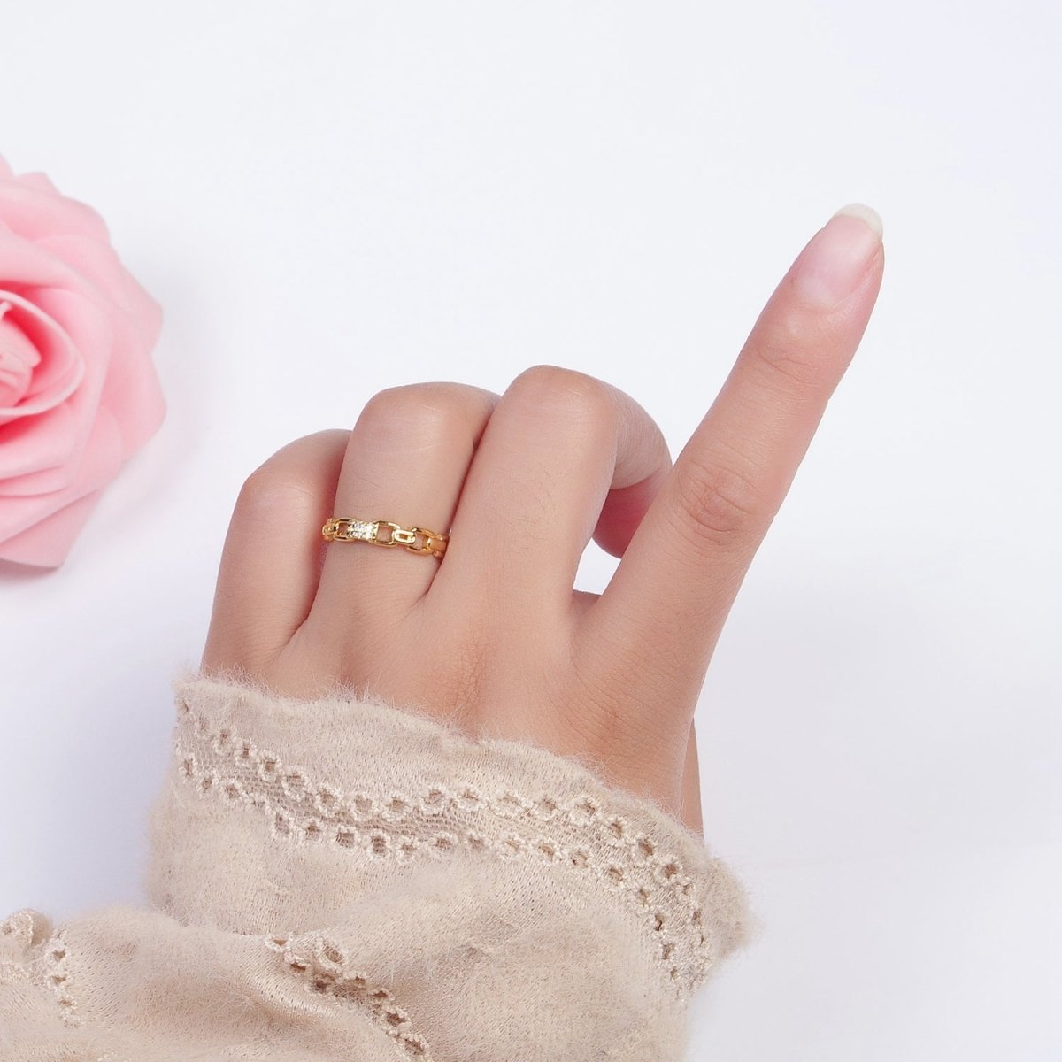 Minimalist Cable Chain Link Micro Paved Cubic Zirconia Adjustable Ring | X-590 - DLUXCA