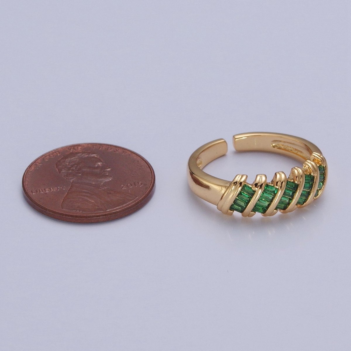Minimalist Clear Green Baguette Cubic Zirconia Adjustable Gold Ring | U-195 U-202