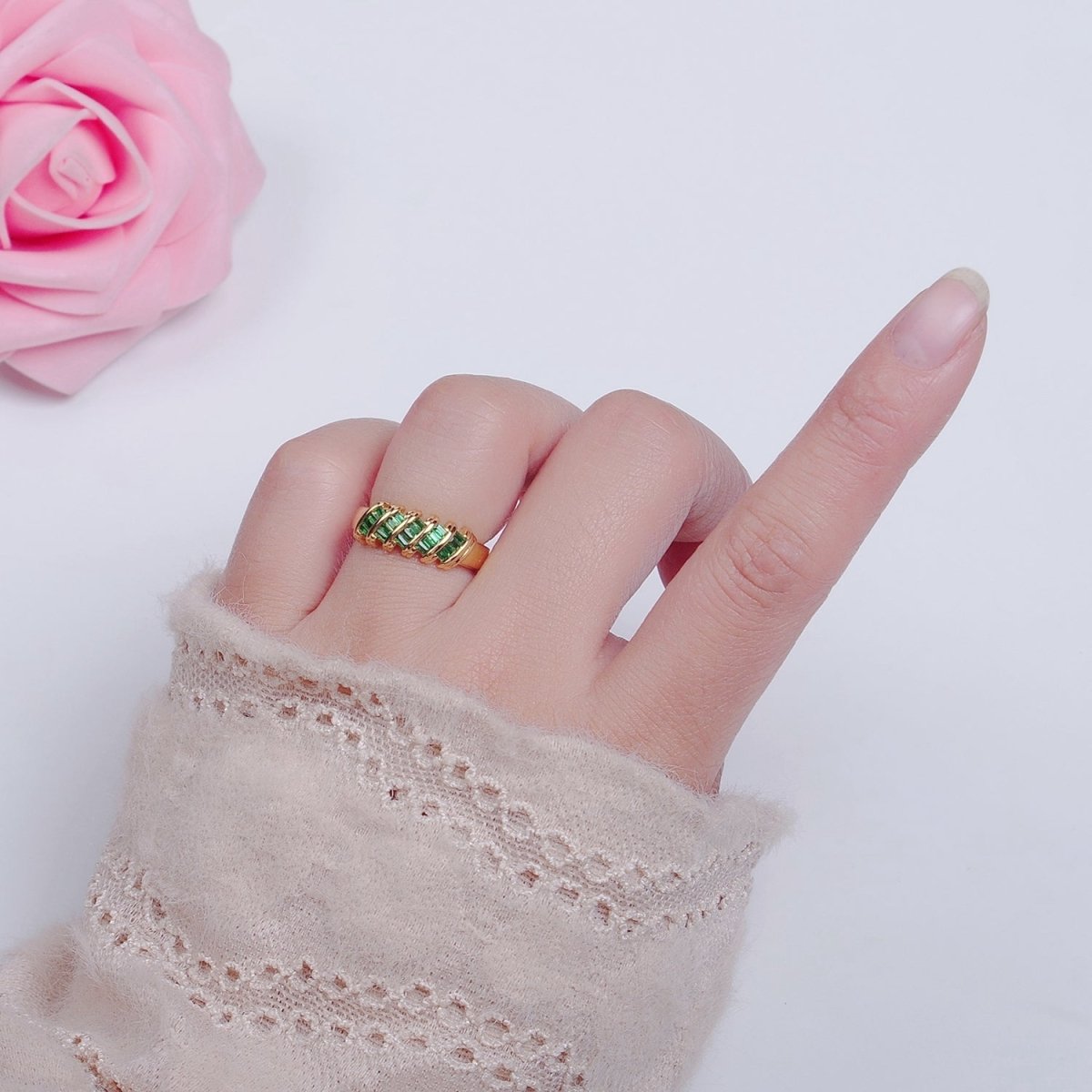 Minimalist Clear Green Baguette Cubic Zirconia Adjustable Gold Ring | U-195 U-202