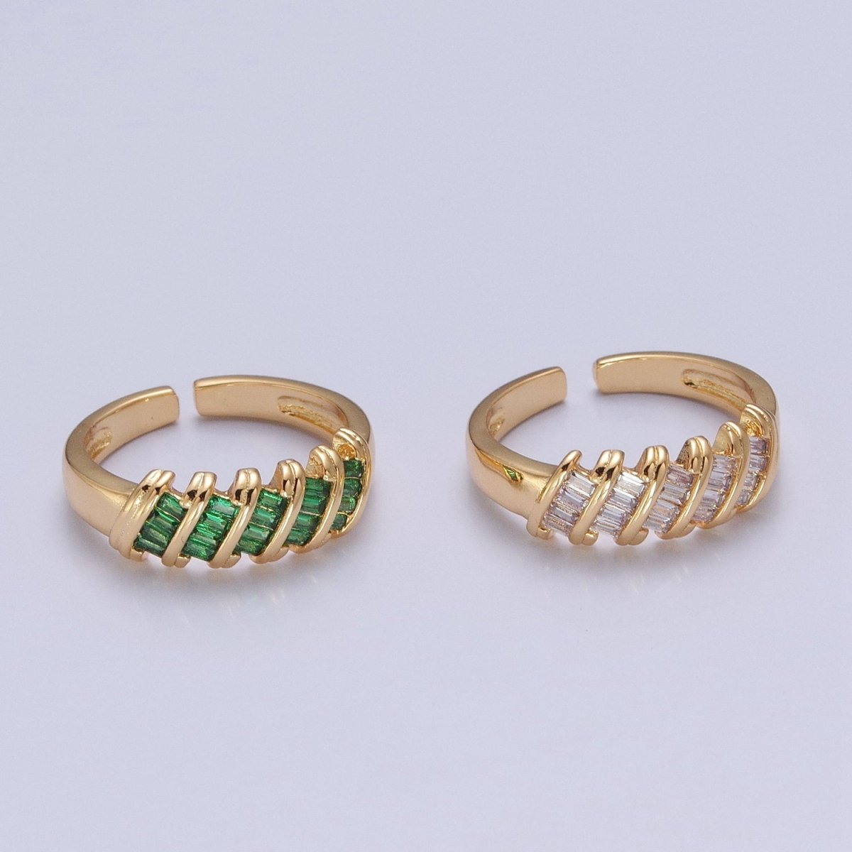 Minimalist Clear Green Baguette Cubic Zirconia Adjustable Gold Ring | U-195 U-202