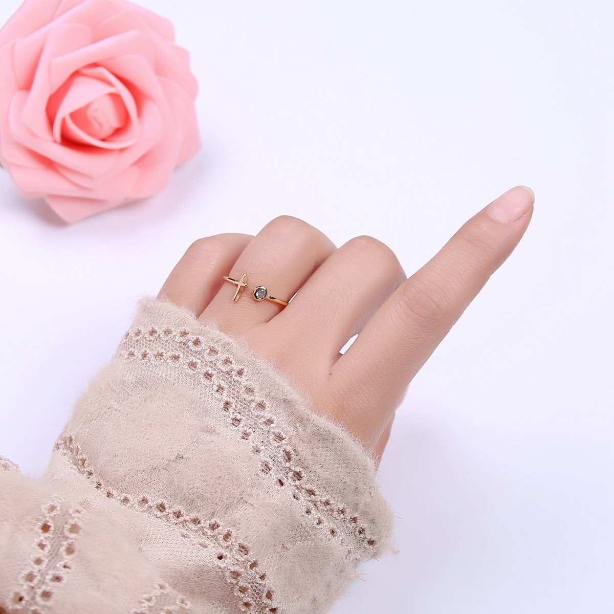 Minimalist Crystal Zirconia CZ, 16K Gold Filled Cross Open Adjustable Ring U-340 - DLUXCA