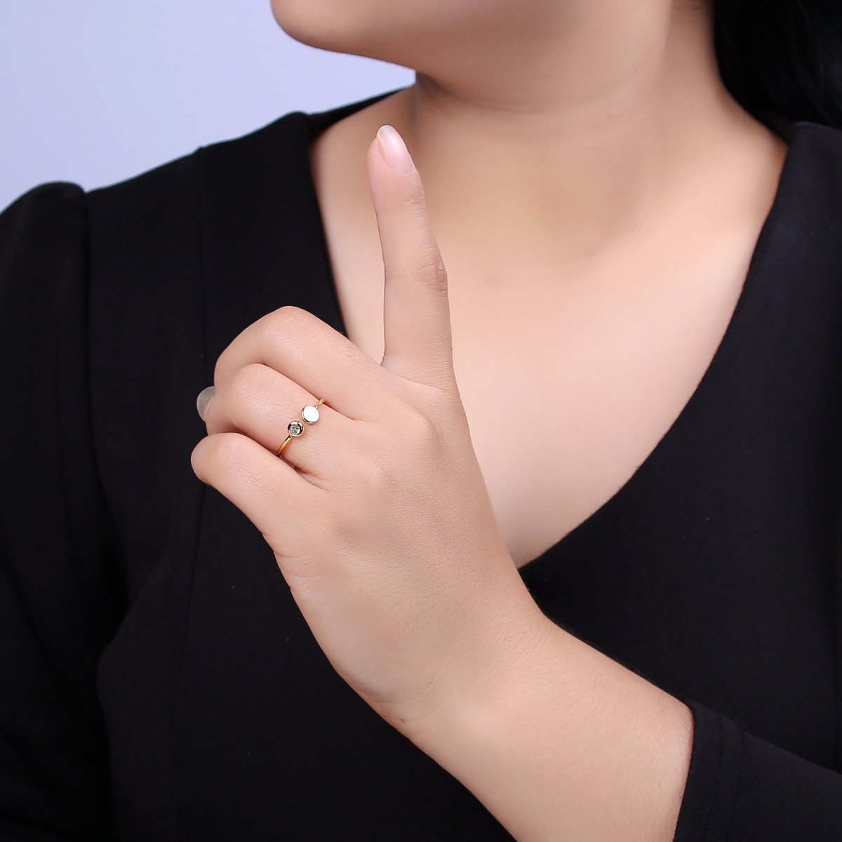 Minimalist Crystal Zirconia CZ, 16K Gold Filled Geometric Round Circle Open Adjustable Ring U-341