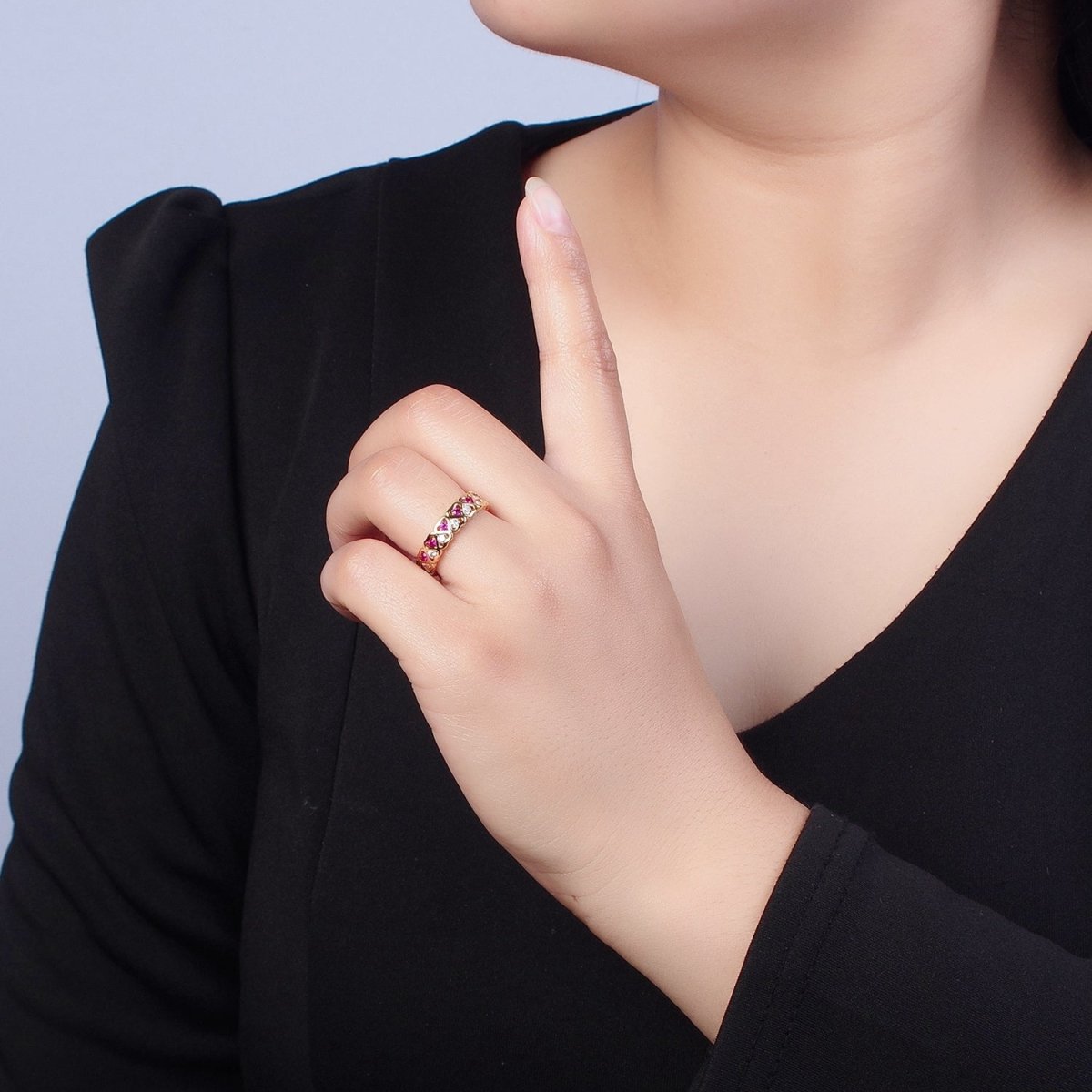 Minimalist Dainty cute CZ rings. Green hearts ring bands. Stacking rings. Gold plated rings O-735 O-736