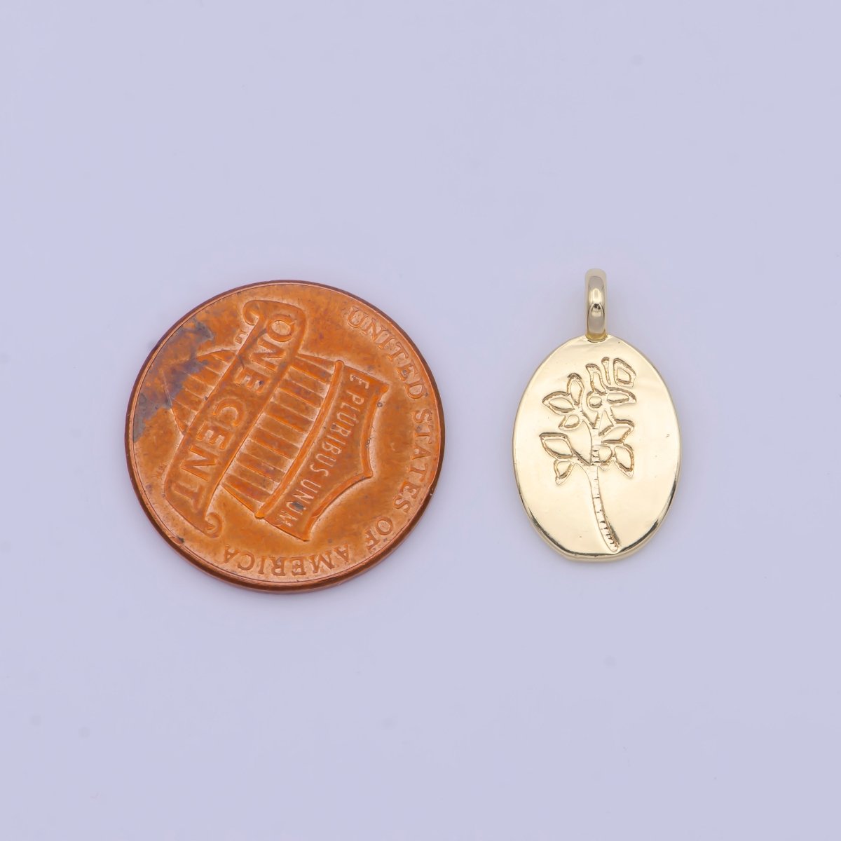 Minimalist Flower Plant Engraved Double Sided Gold Oval Charm | X-719 - DLUXCA
