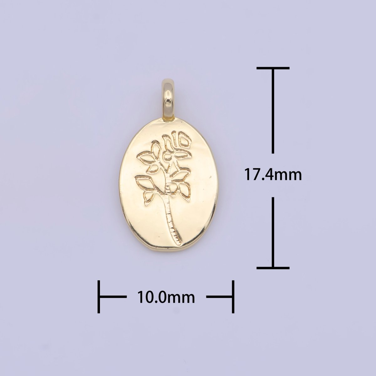 Minimalist Flower Plant Engraved Double Sided Gold Oval Charm | X-719 - DLUXCA