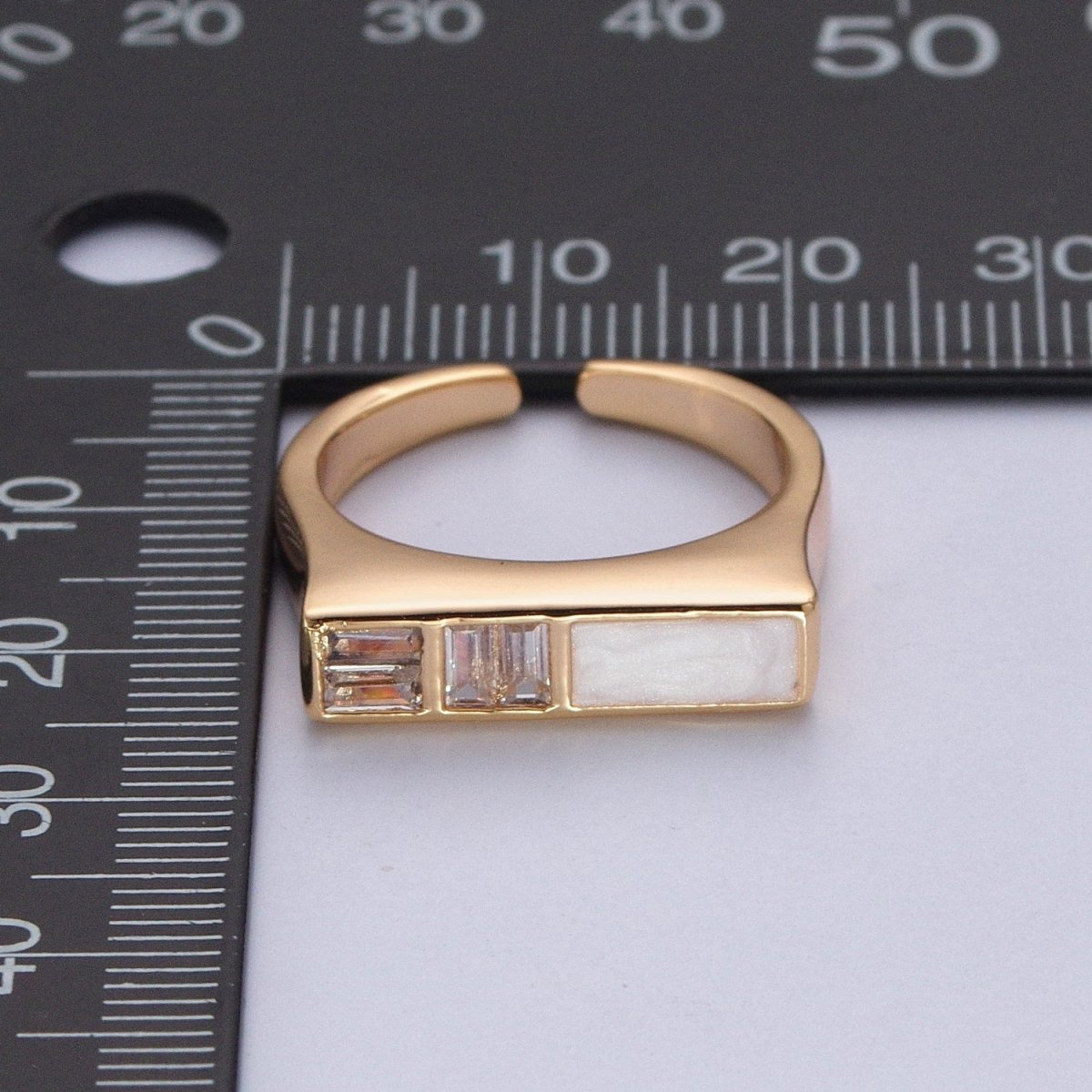 Minimalist Gold Baguette Cubic Zirconia Baguette & Enamel Flat Bar Adjustable Ring  O-350
