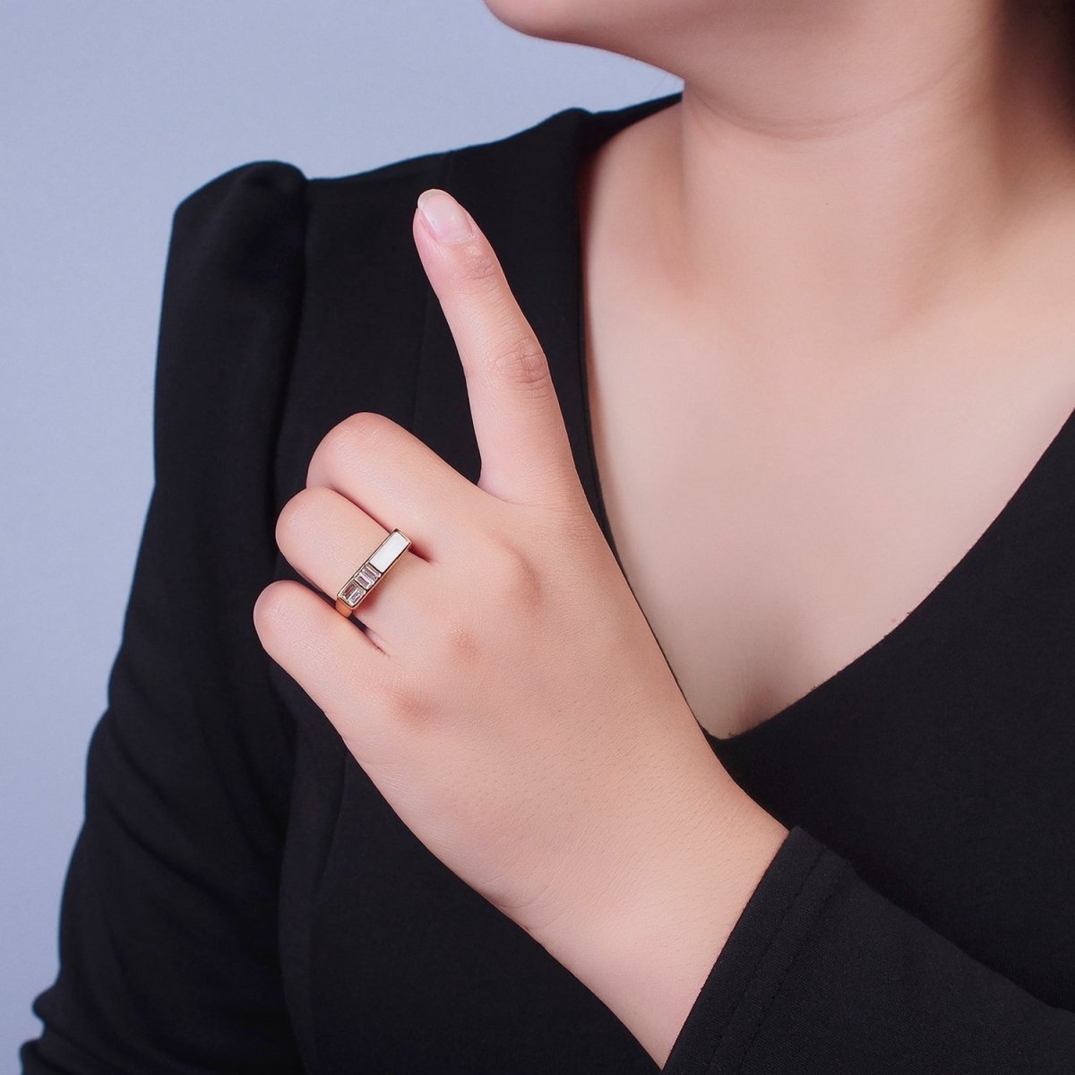 Minimalist Gold Baguette Cubic Zirconia Baguette & Enamel Flat Bar Adjustable Ring  O-350