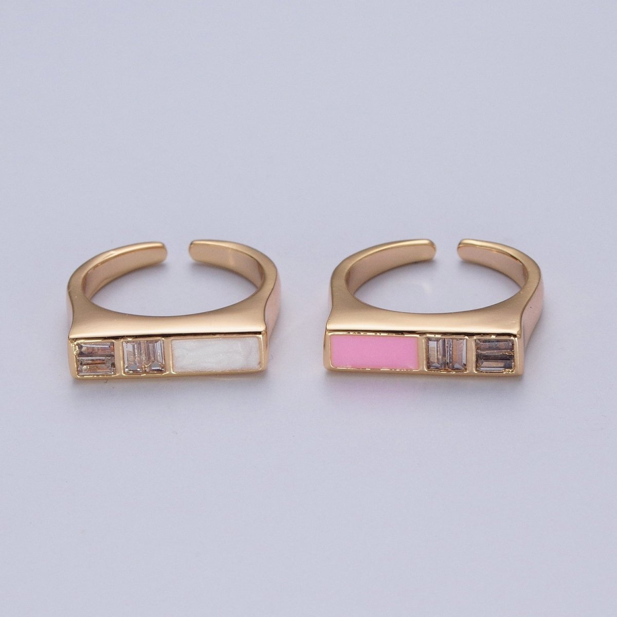 Minimalist Gold Baguette Cubic Zirconia Baguette & Enamel Flat Bar Adjustable Ring  O-350