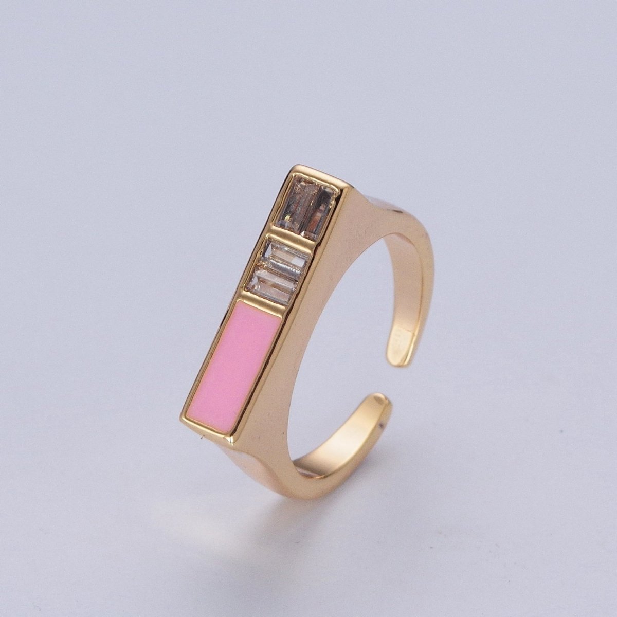 Minimalist Gold Baguette Cubic Zirconia Baguette & Enamel Flat Bar Adjustable Ring  O-350