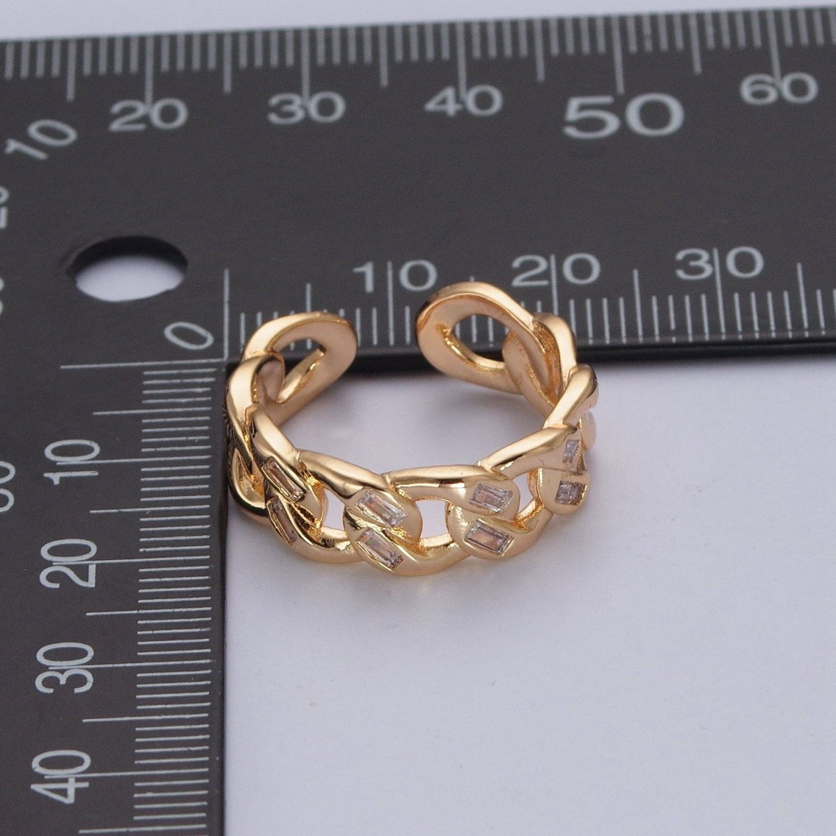 Minimalist Gold Tiny Baguette CZ Curb Chain Link Adjustable Ring O-316