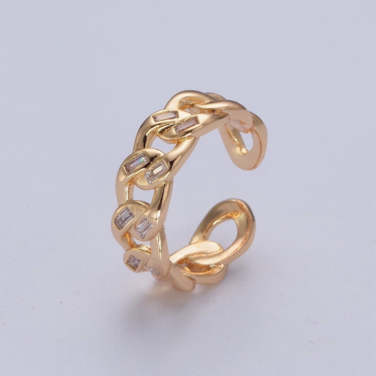 Minimalist Gold Tiny Baguette CZ Curb Chain Link Adjustable Ring O-316