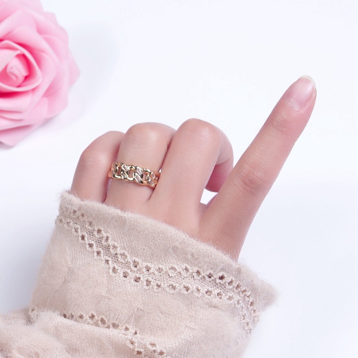 Minimalist Gold Tiny Baguette CZ Curb Chain Link Adjustable Ring O-316