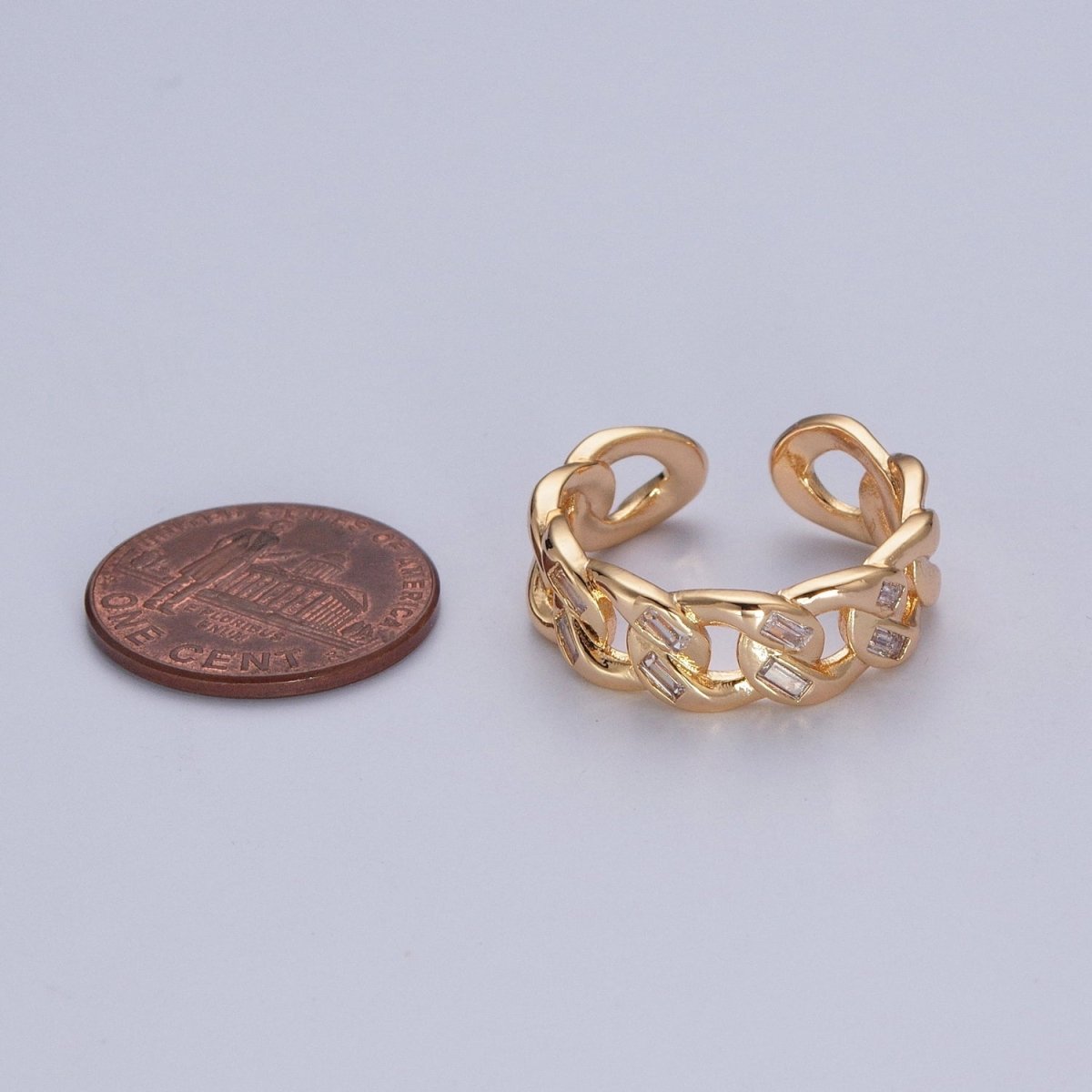 Minimalist Gold Tiny Baguette CZ Curb Chain Link Adjustable Ring O-316