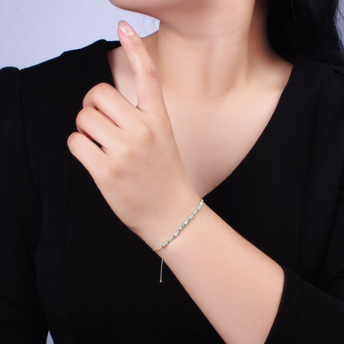 Minimalist Gold Turquoise Multifaceted Cream Cotton String Slider Bracelet | WA-2196 - WA-2198 Clearance Pricing