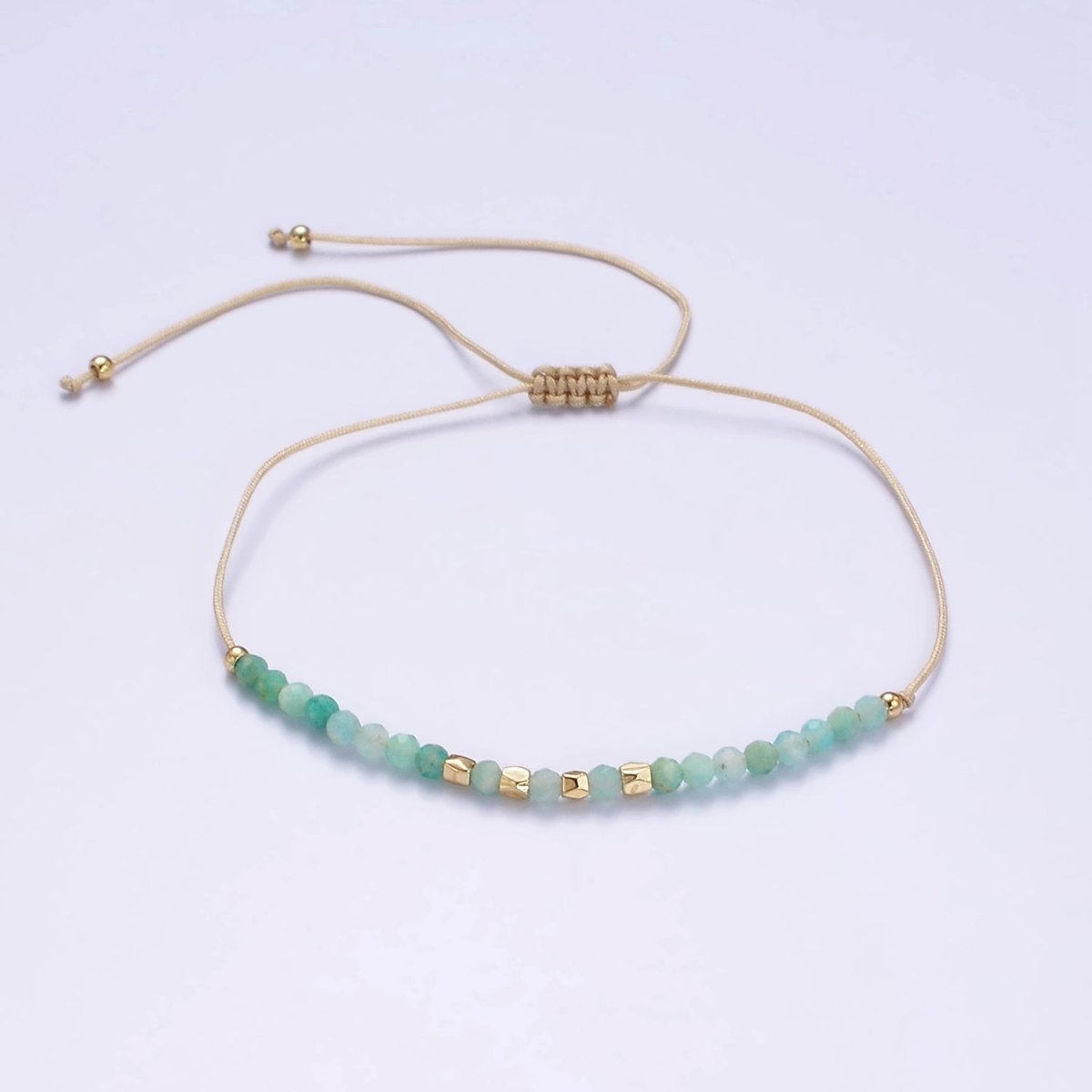 Minimalist Gold Turquoise Multifaceted Cream Cotton String Slider Bracelet | WA-2196 - WA-2198 Clearance Pricing