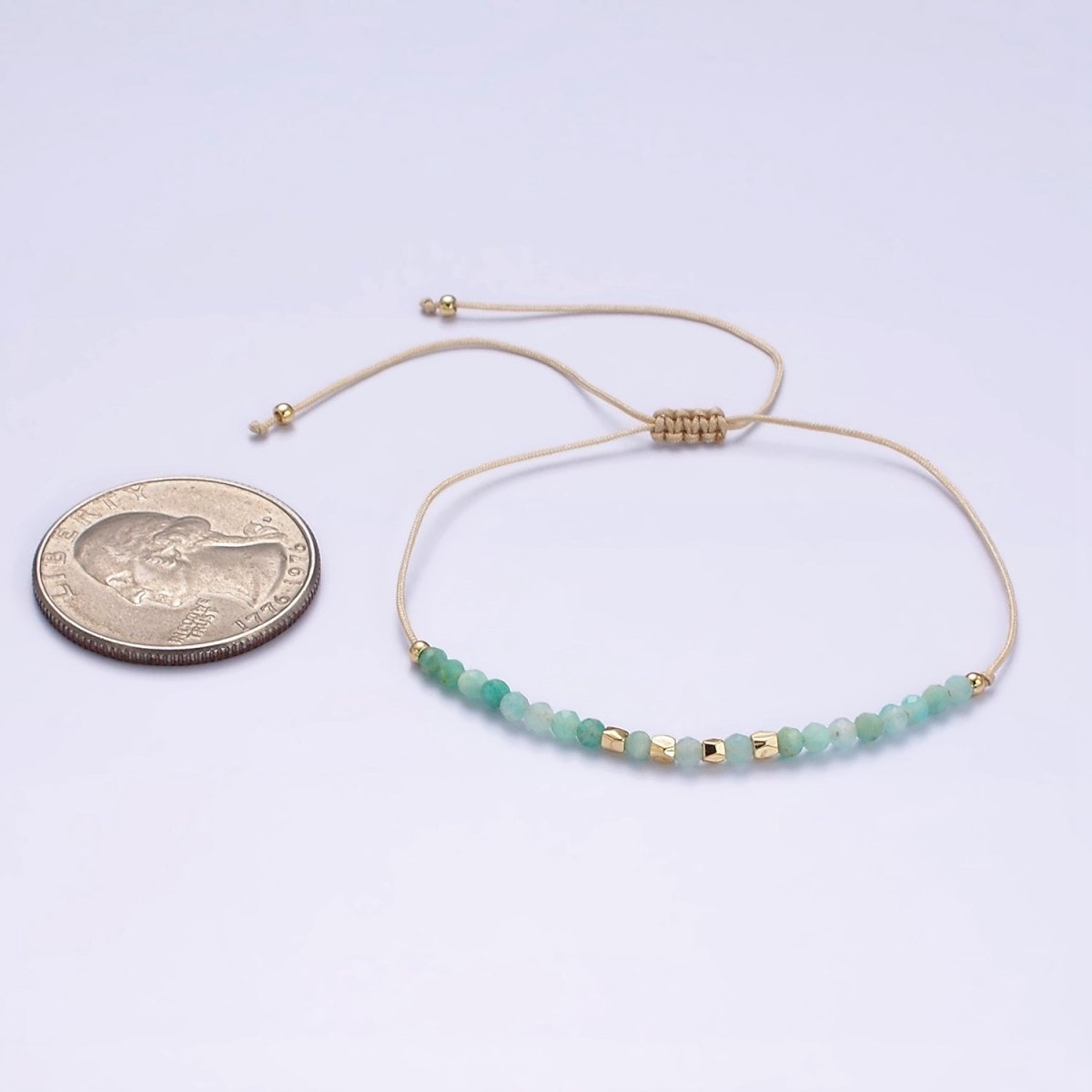 Minimalist Gold Turquoise Multifaceted Cream Cotton String Slider Bracelet | WA-2196 - WA-2198 Clearance Pricing