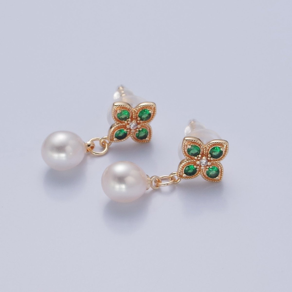 Minimalist Green Emerald CZ Drop Stud Earring With Pearl V-376 - DLUXCA