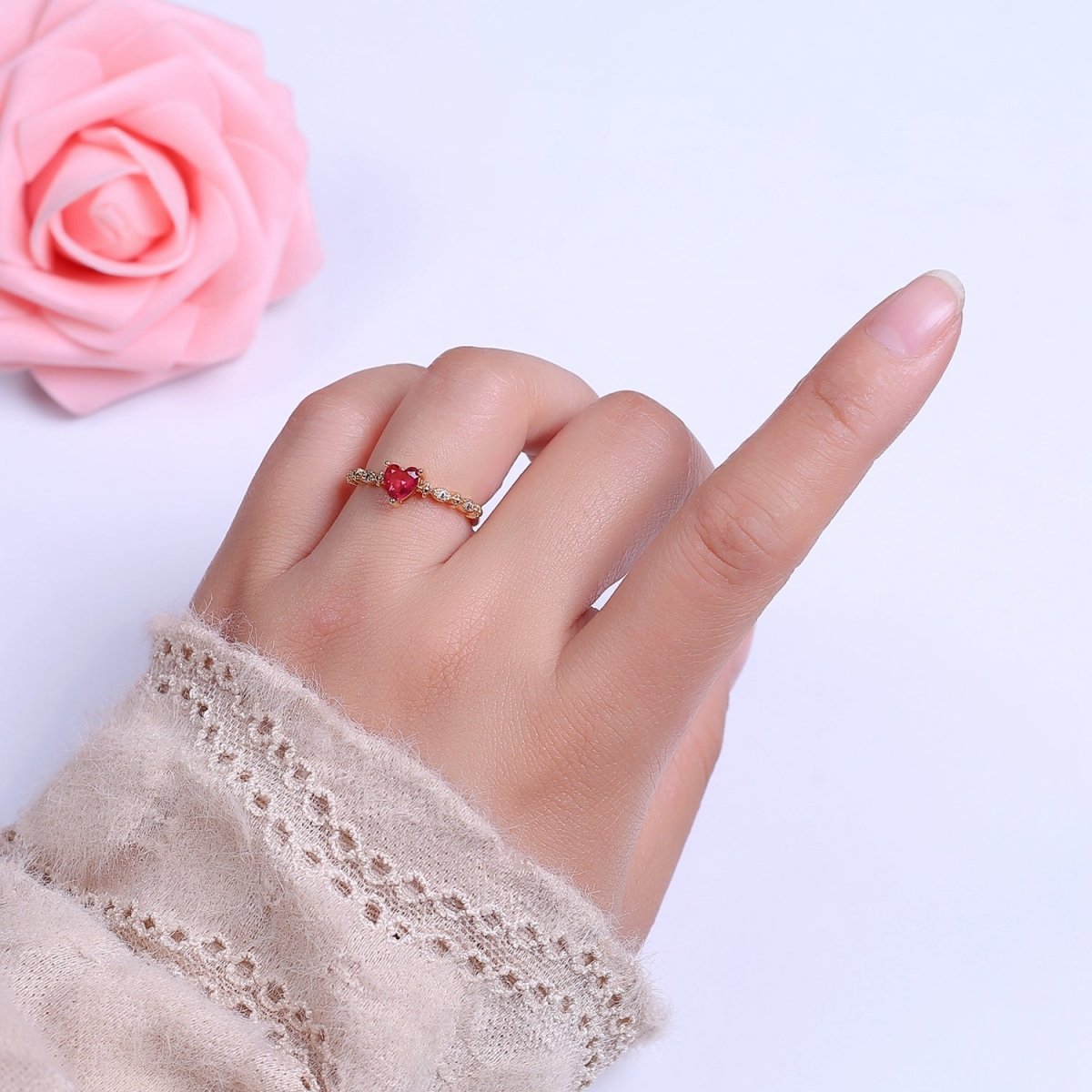 Minimalist Heart Ring, Gold Filled Stacking Ring, Pink CZ Heart Ring Open Adjustable O-2033 - DLUXCA