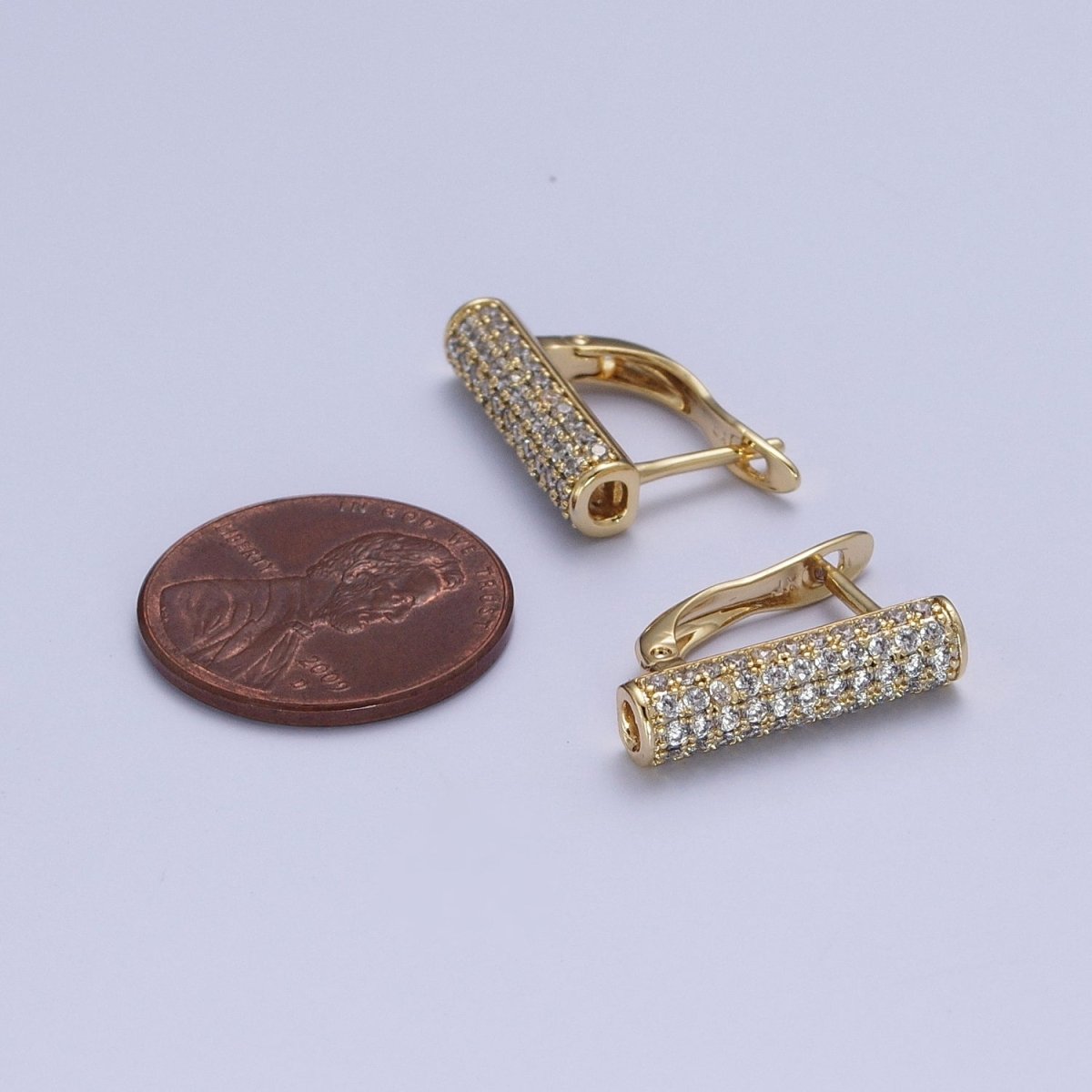 Minimalist Micro Paved CZ Cylinder Tube Gold English Lock Earrings AE-1034 - DLUXCA