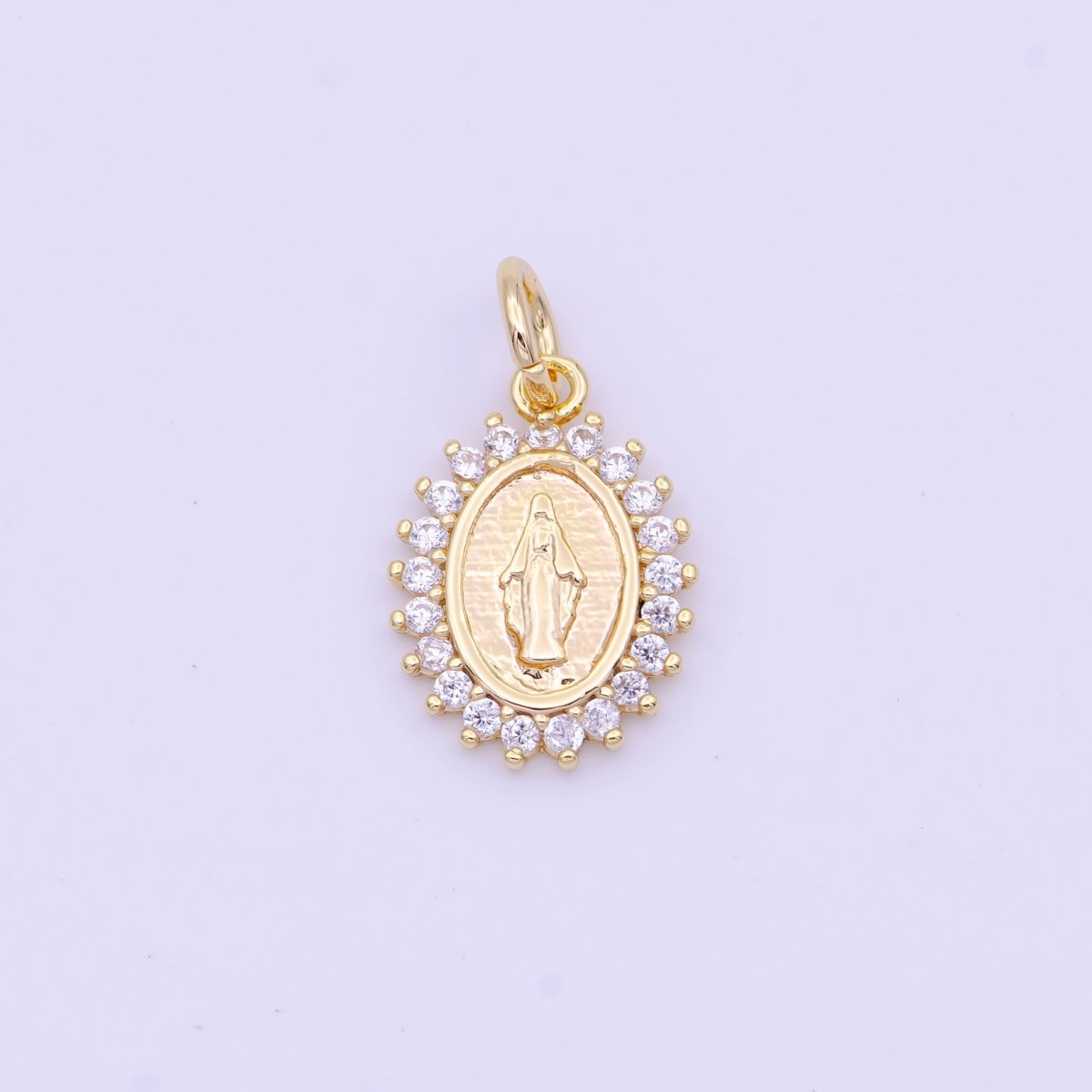 Minimalist Micro Paved CZ Miraculous Lady Religious Gold Oval Charm | D-570 - DLUXCA