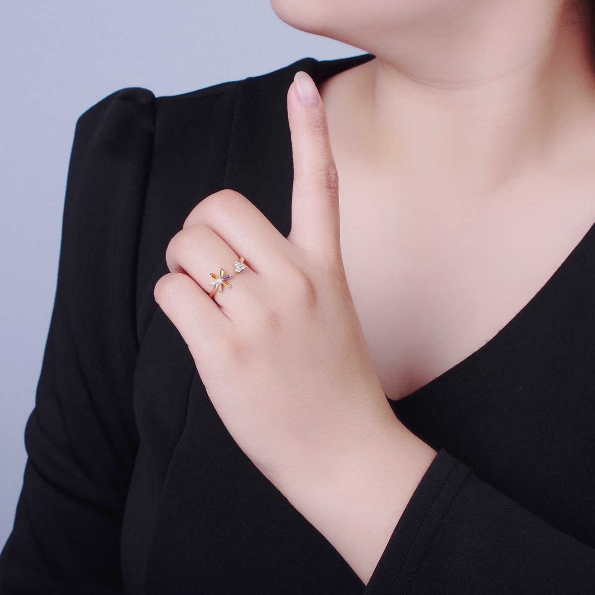 Minimalist Sun Ring Gold Filled Band Open Adjustable Baguette Pave Ring O-2254