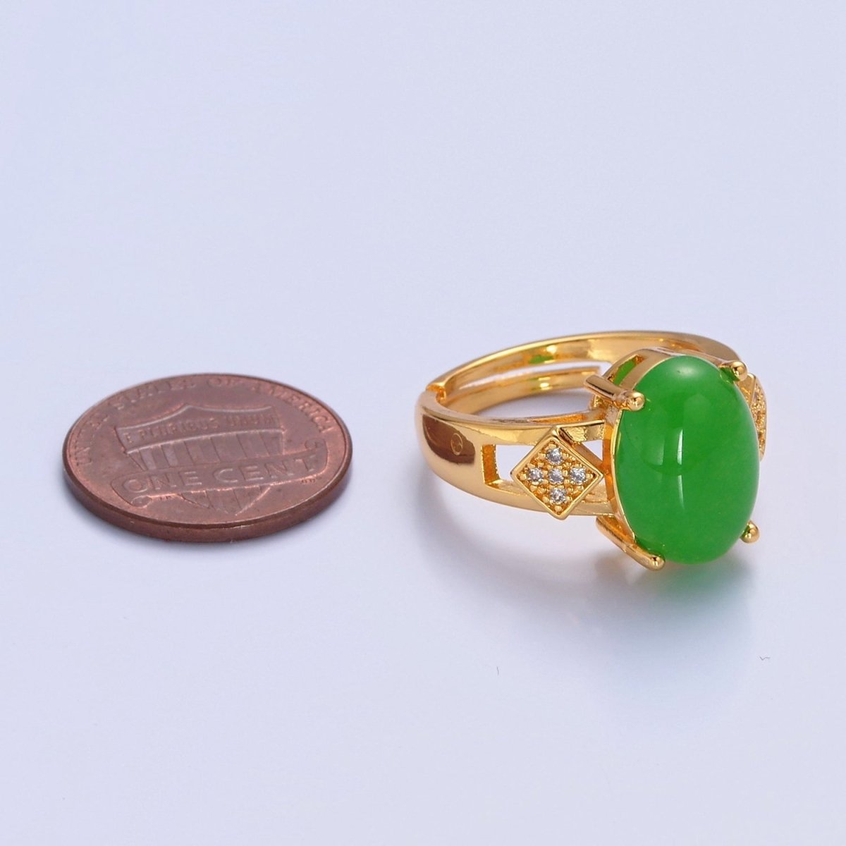 Minimalist Thick Band Micro Pave Rhombus with Oval Green Jade O-764 - DLUXCA