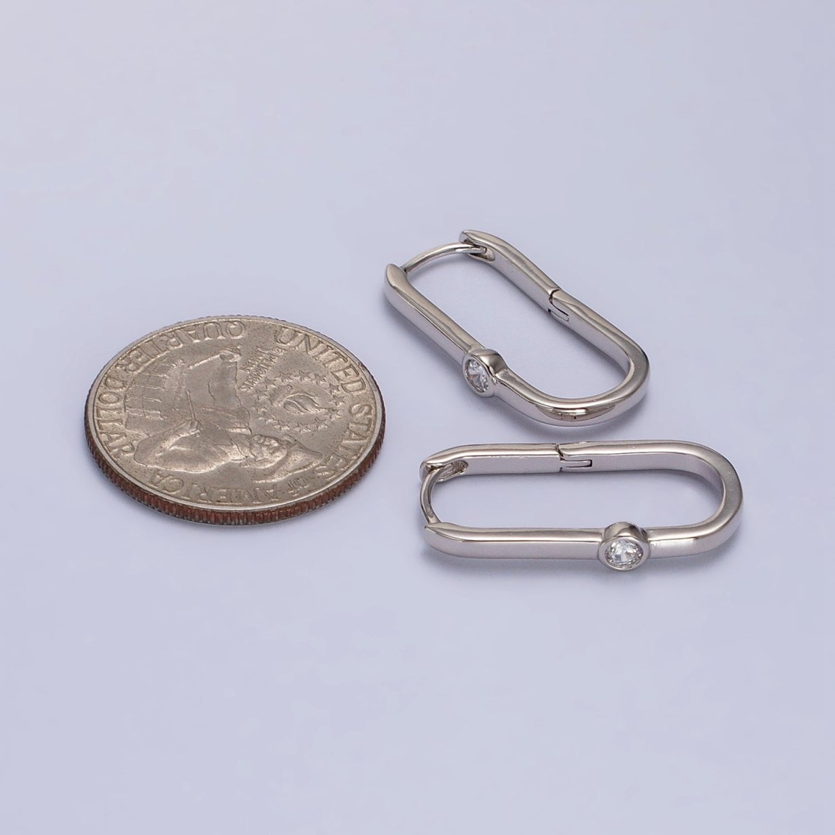 Minimalist White Gold Filled Oblong Earring Silver Hoop Earring with CZ Stone Minimalist Jewelry AB-1053 - DLUXCA