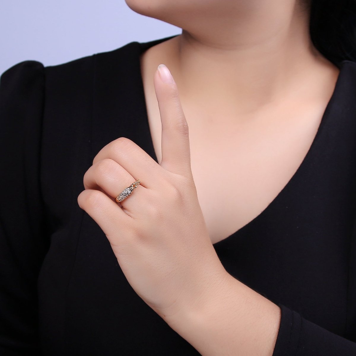 Mix Cz Ring With Chain Link Design Inspired Stackable Open Adjustable Ring U-311 - DLUXCA